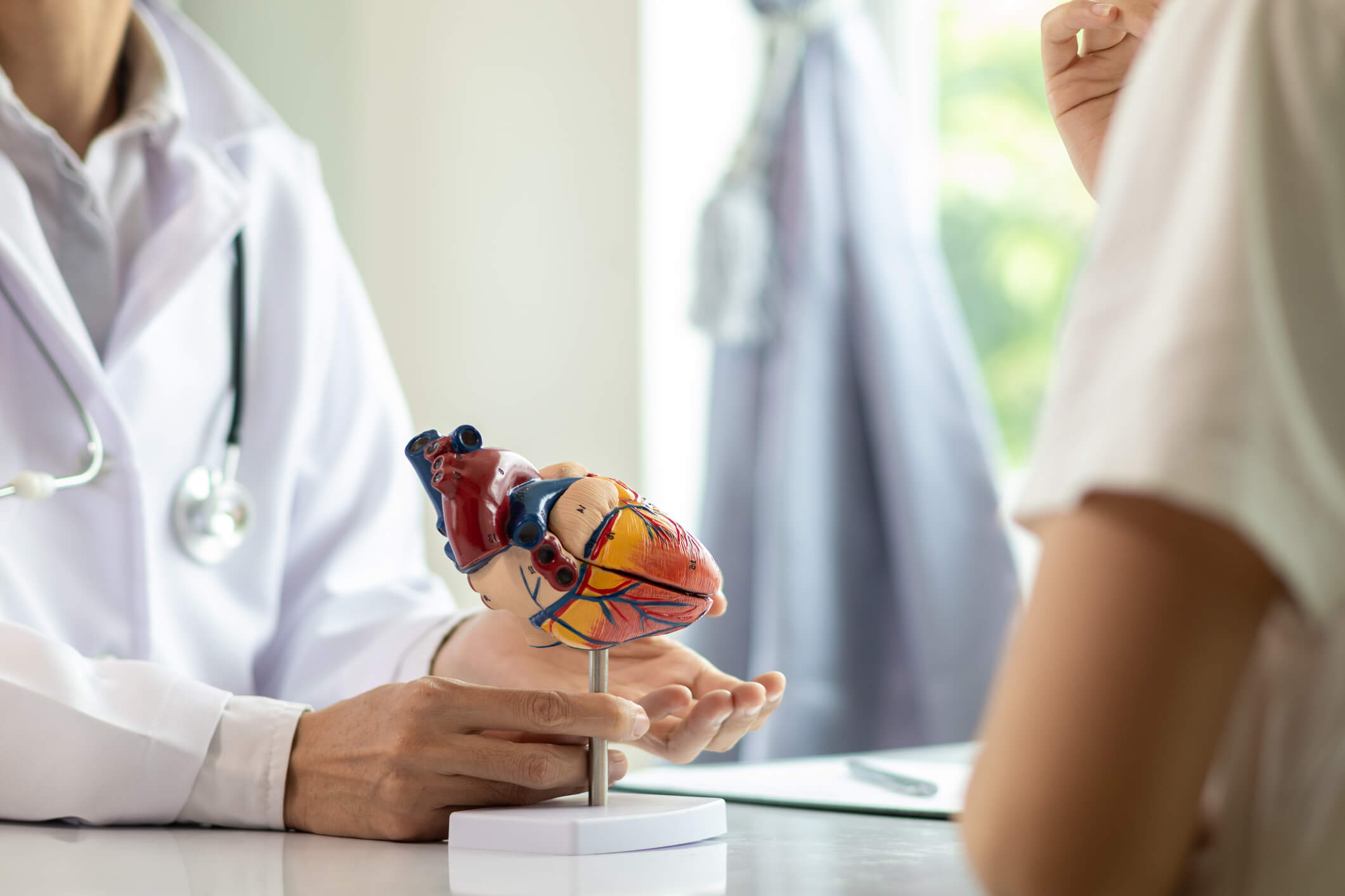 Dr. Dipsu D. Patel reviewing an anatomical heart model with a patient